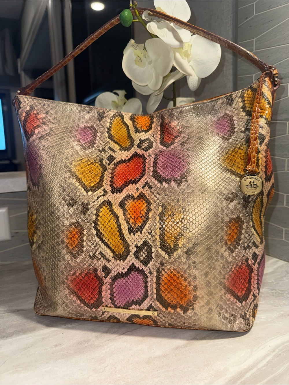 Like NEW Brahmin Large Shoulder Hobo Bag Multicolor Python-Print